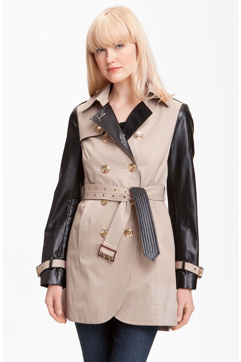 Double Breasted Mixed Media Trench Coat, Main, color, KHAKI