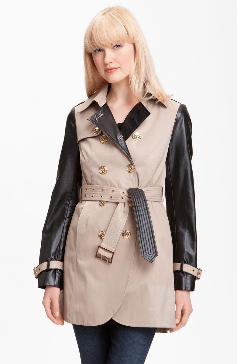 Steve Madden Double Breasted Mixed Media Trench Coat, Main, color,