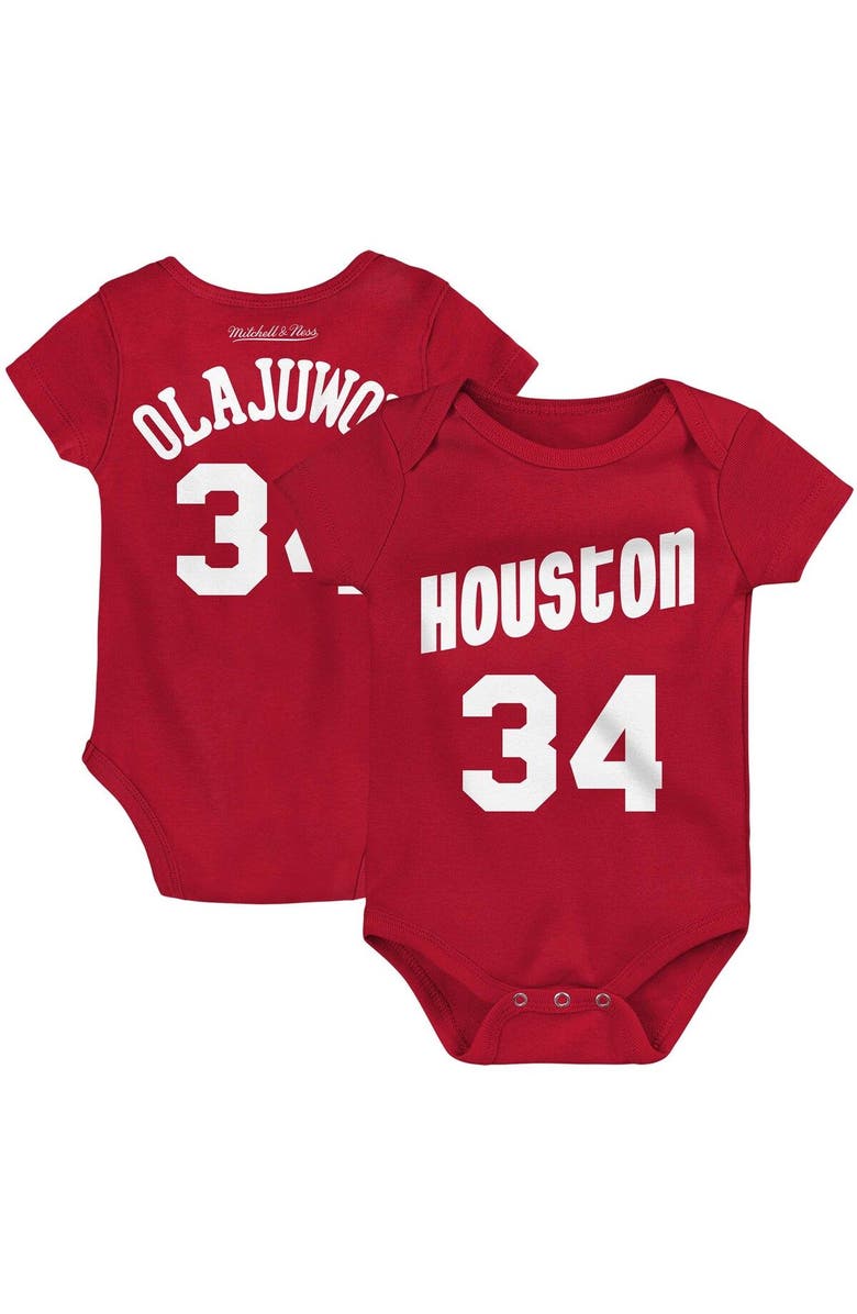 Mitchell & Ness Infant Mitchell & Ness Hakeem Olajuwon Red Houston Rockets Hardwood Classics Name & Number Bodysuit, Main, color, 