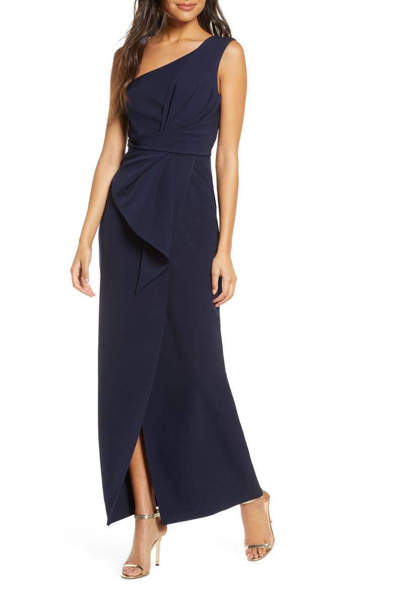 One-Shoulder Laguna Crepe Evening Gown, Main, color, NAVY