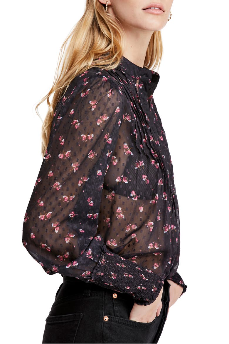 Flowers in December Print Sheer Blouse, Alternate, color, BLACK