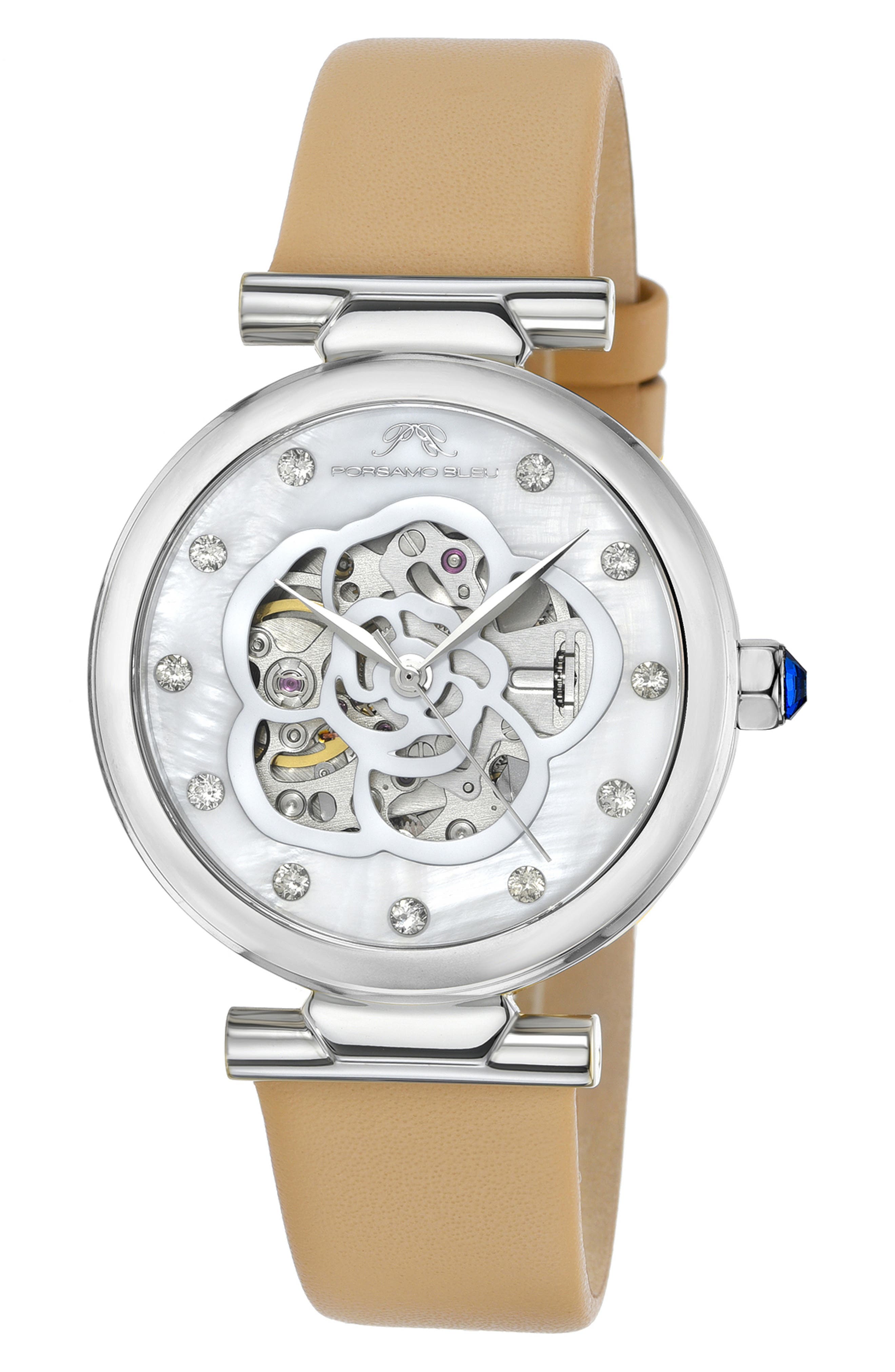 PORSAMO BLEU Laura White Topaz Automatic Leather Strap Watch, 36mm
