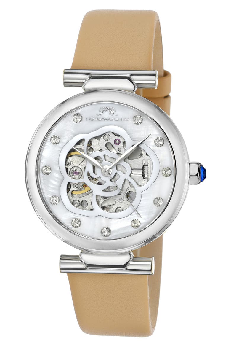 Laura White Topaz Automatic Leather Strap Watch, 36mm, Main, color, BEIGE SILVER