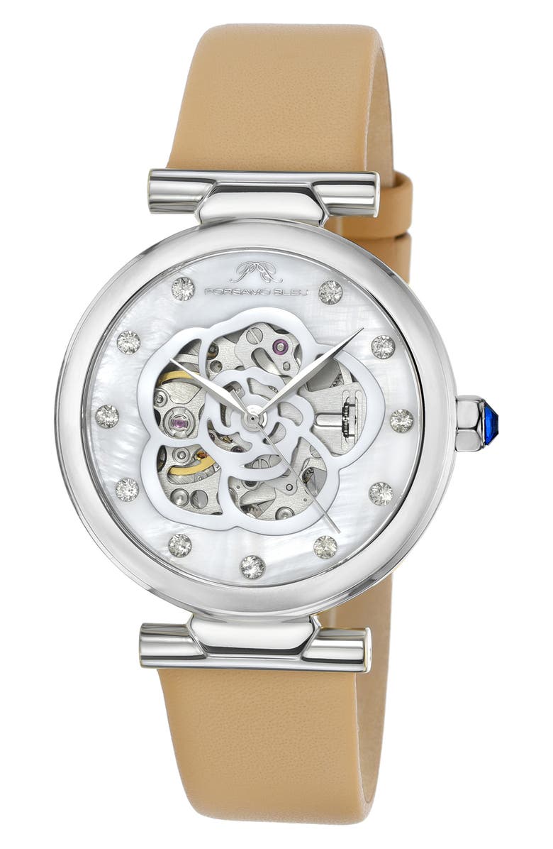 PORSAMO BLEU Laura White Topaz Automatic Leather Strap Watch, 36mm, Main, color, Beige Silver
