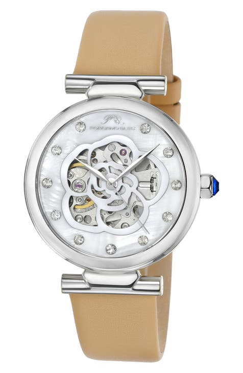 Laura White Topaz Automatic Leather Strap Watch, 36mm