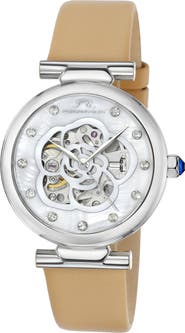 PORSAMO BLEU Laura White Topaz Automatic Leather Strap Watch, 36mm