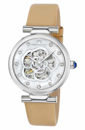 PORSAMO BLEU Laura White Topaz Automatic Leather Strap Watch, 36mm