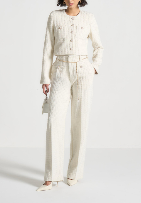 Celine Cropped Tweed Jacket with Pearls