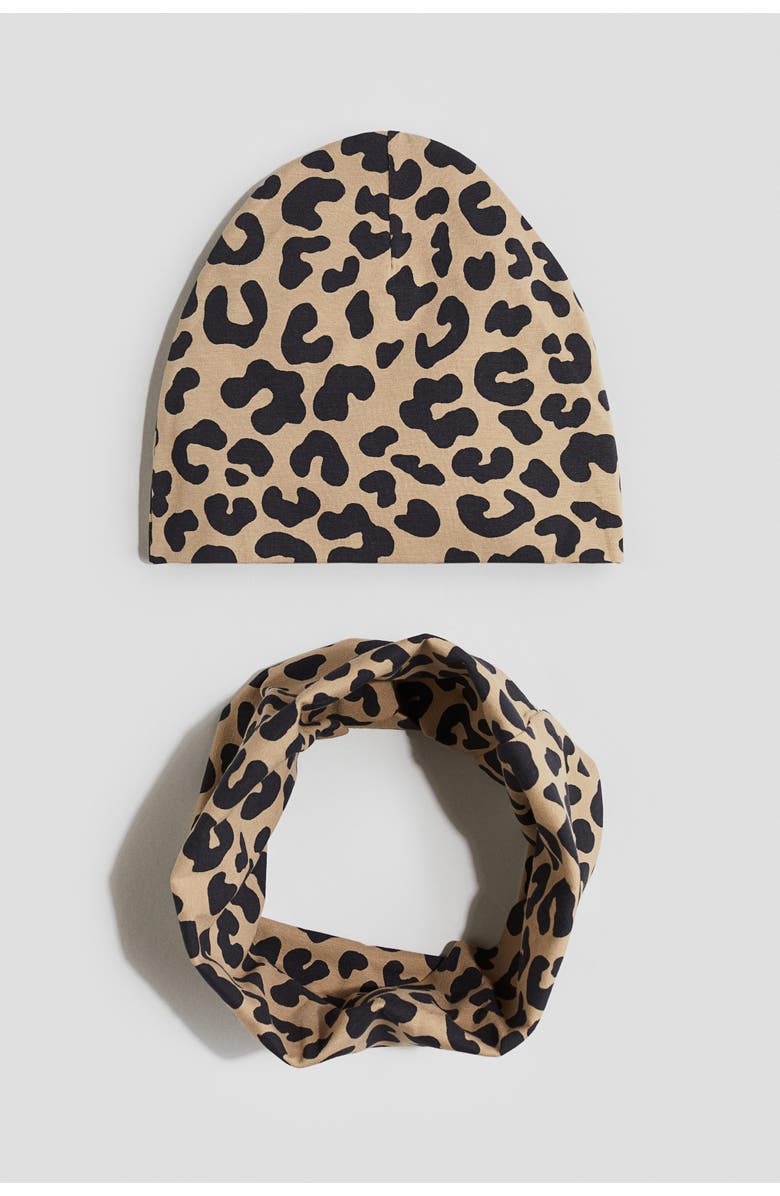 H&M 2-piece beanie and tube scarf set, Main, color, Beige/Leopard Print