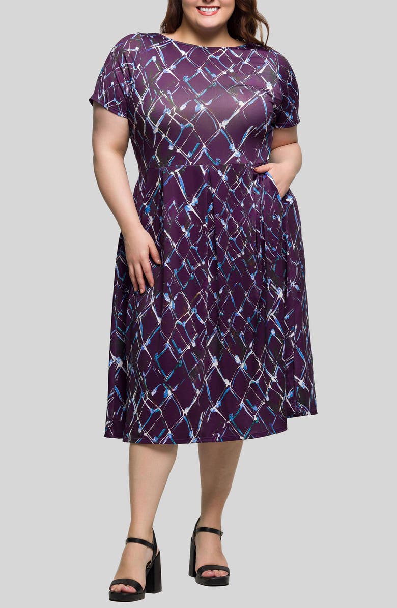 24seven Comfort Apparel Short Sleeve Fit & Flare Midi Dress, Main, color, Purple Multi