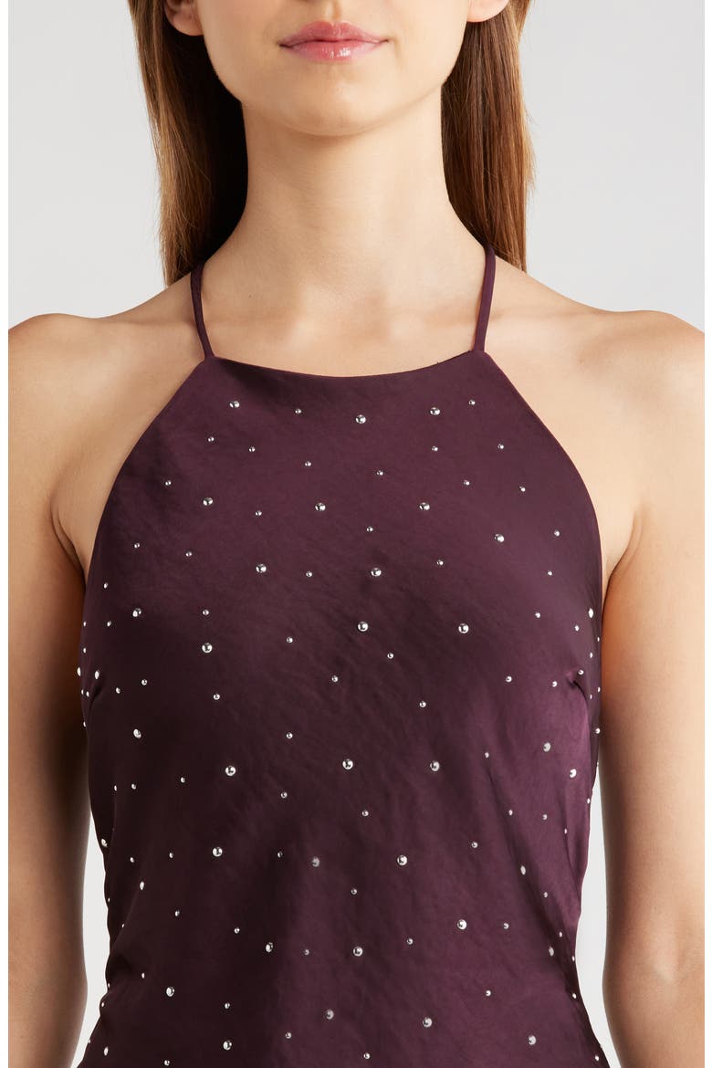 Halley Rhinestone Open Back Satin Midi Dress, Alternate, color, DEEP PURPLE