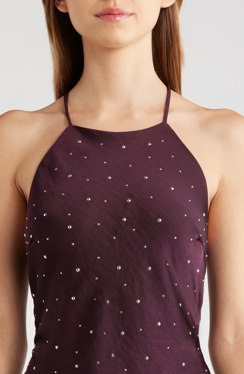 ASTR the Label Halley Rhinestone Open Back Satin Midi Dress, Alternate, color, Deep Purple