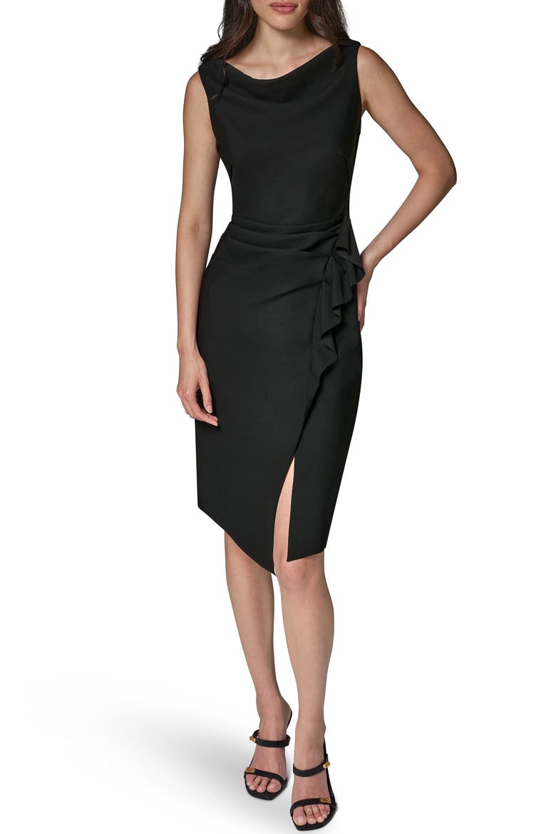 Ruffle Detail Sheath Midi Dress, Main, color, BLACK