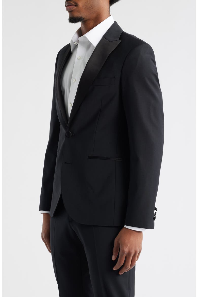Black Peaked Lapel Stretch Wool Blend Tuxedo Jacket, Alternate, color, BLACK CAVIAR