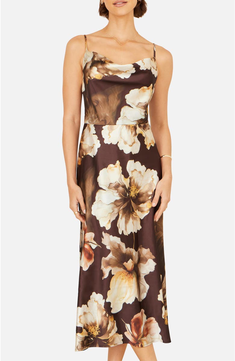 Yumi Cowl Neck Satin Floral Dress, Alternate, color, Brown