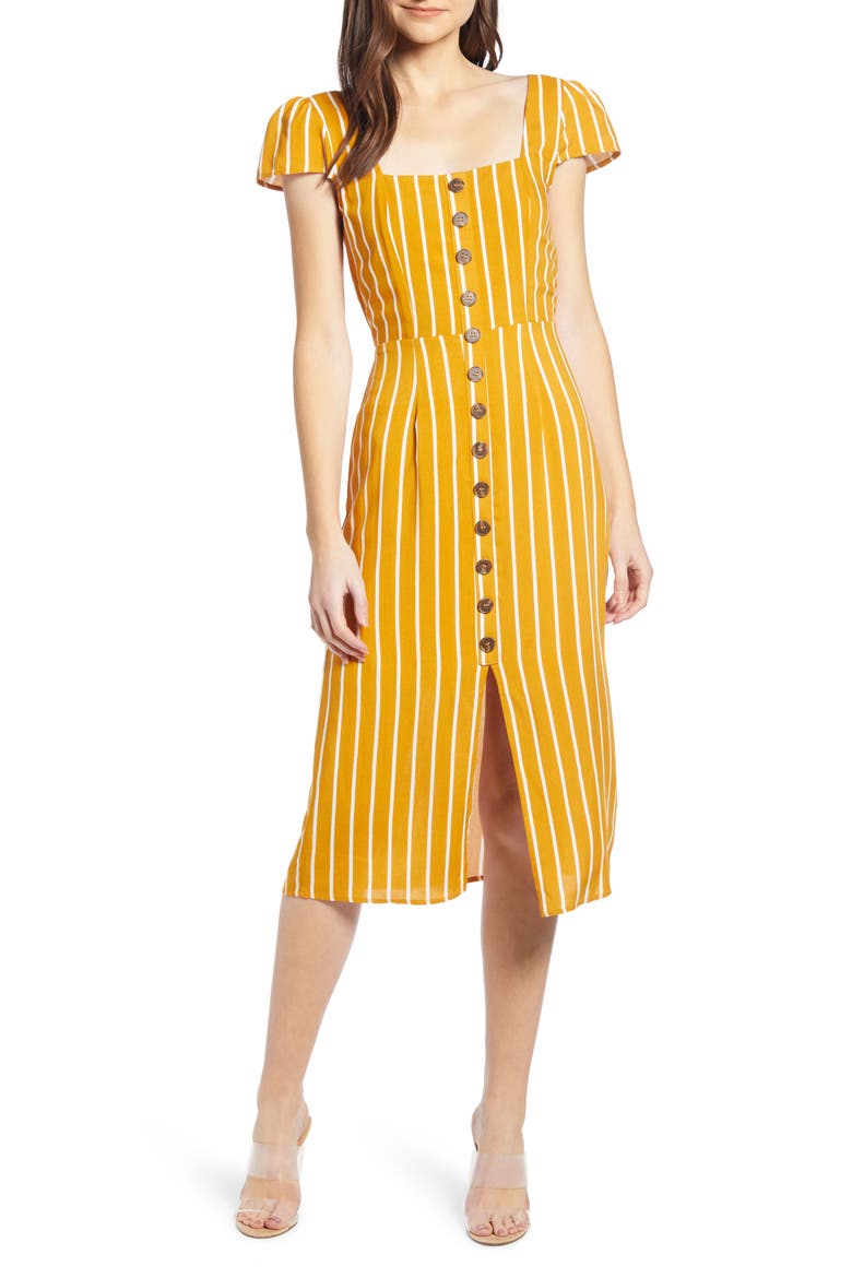 Button Front Midi Dress, Main, color, MUSTARD
