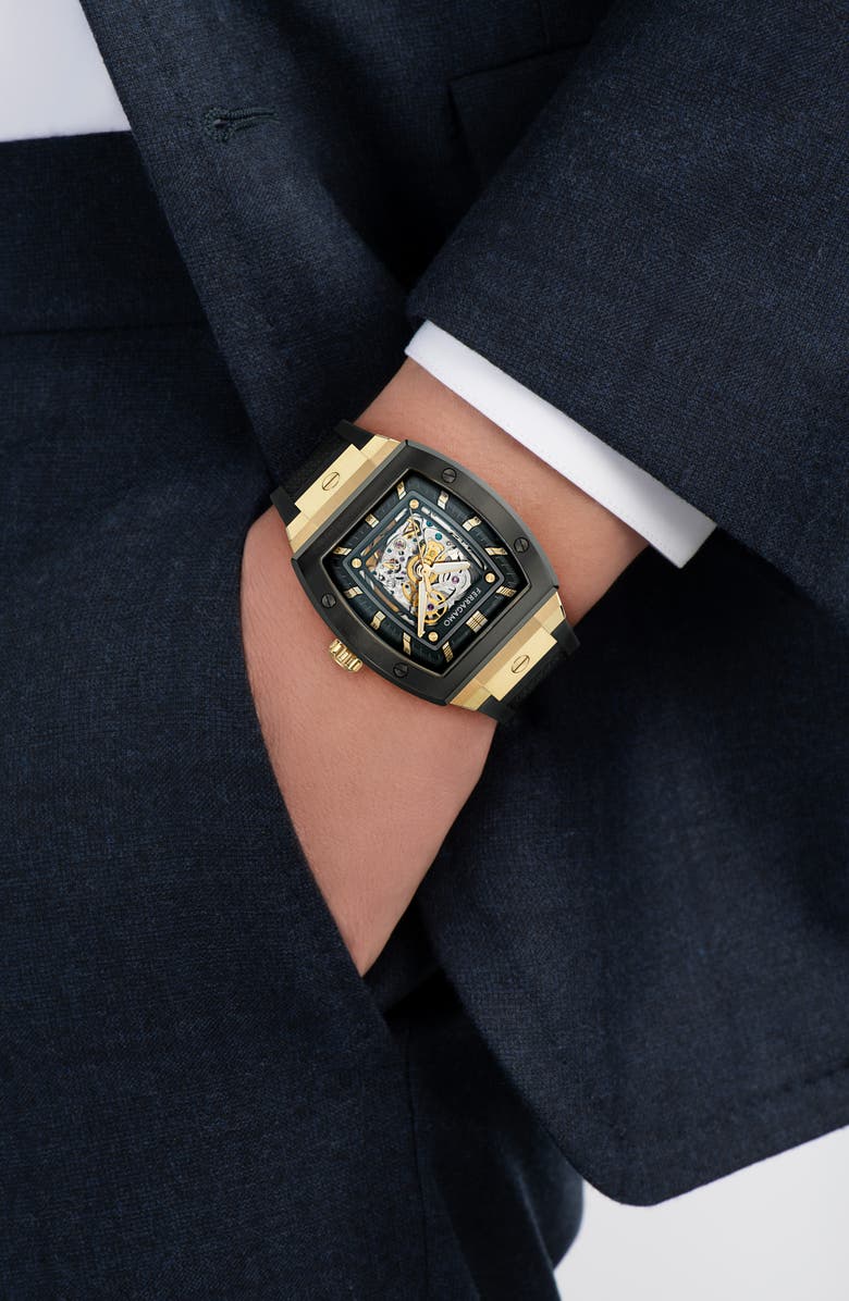 FERRAGAMO F-80 Tonneau Skeleton Silicone Strap Watch, 42mm, Alternate, color,