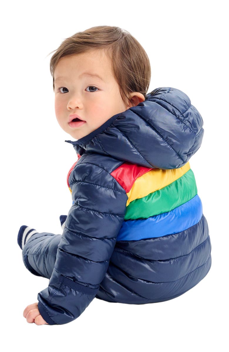 Primary Baby Lightweight Puffer Suit In Rainbow Stripe, Alternate, color, Navy Bold Rainbow