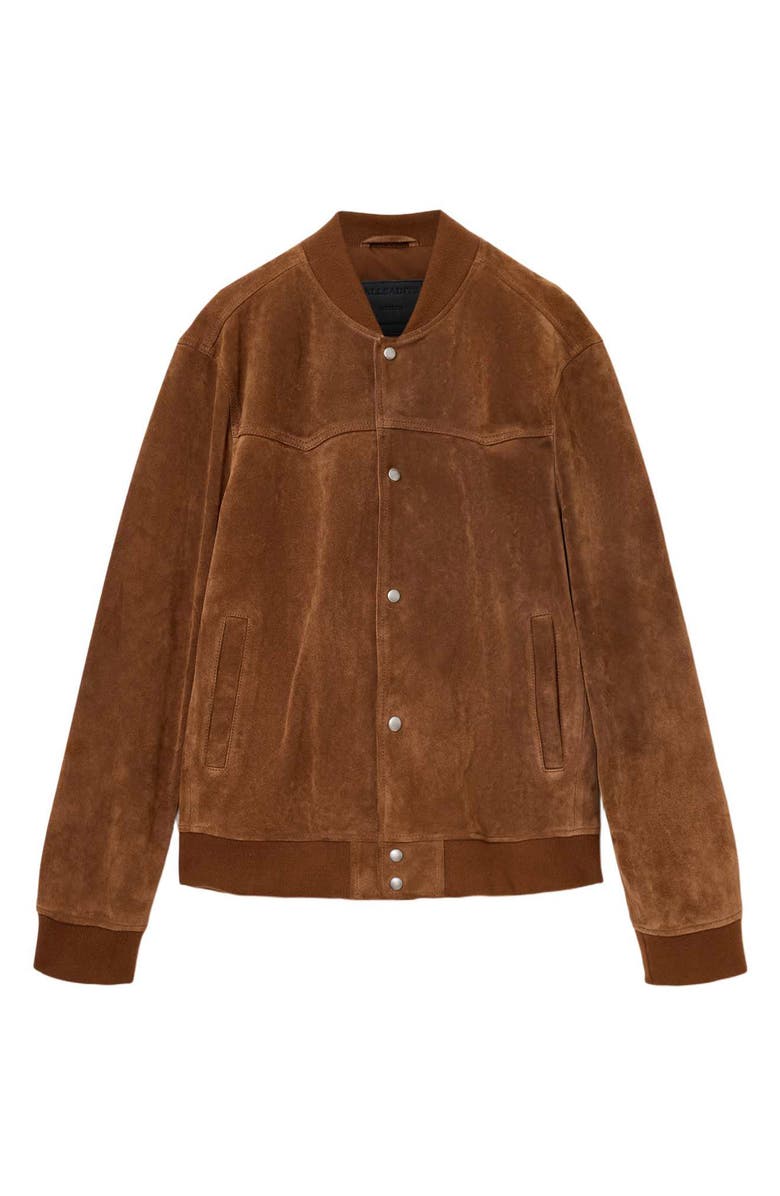 AllSaints Stafford Suede Bomber Jacket, Alternate, color, Hickory Brown