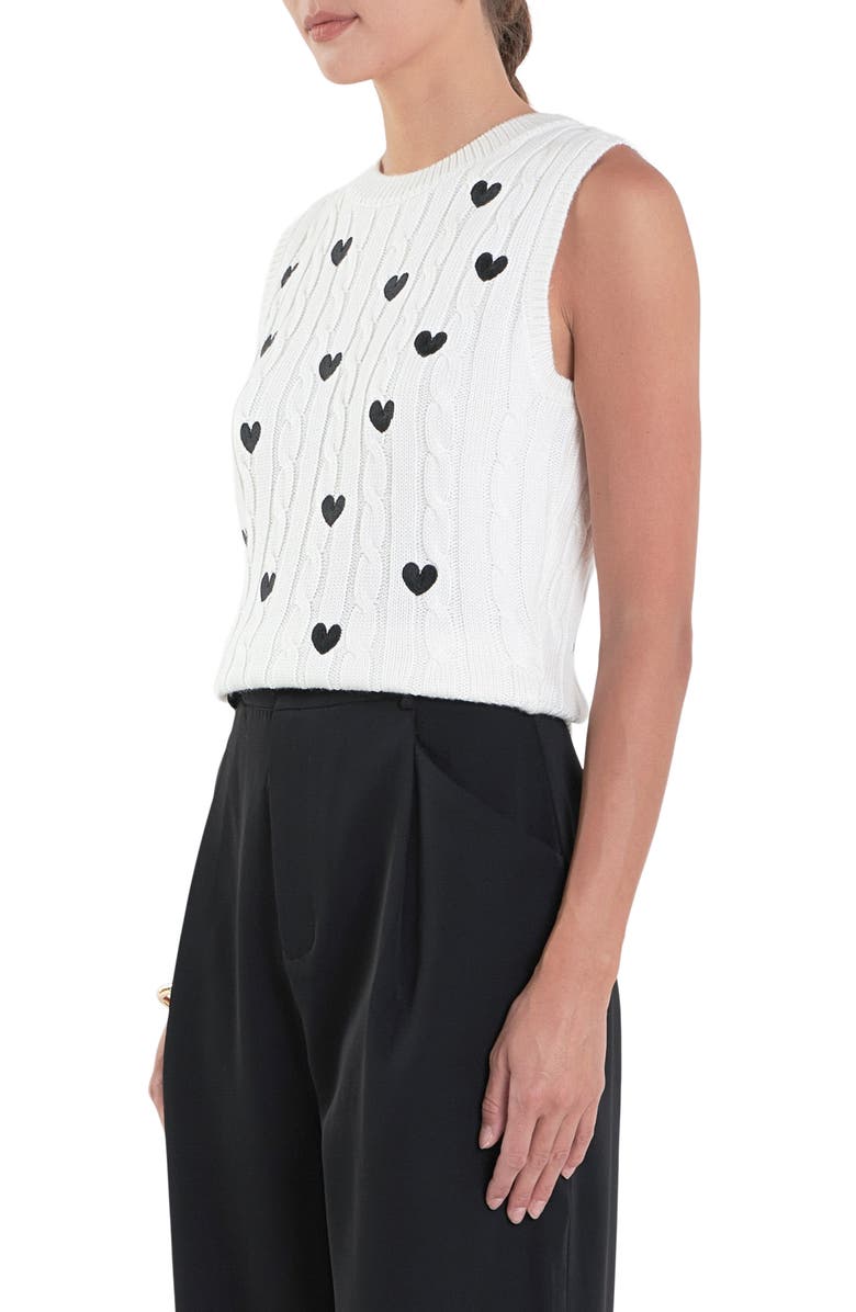 English Factory Heart Embroidered Sleeveless Cable Sweater, Alternate, color,