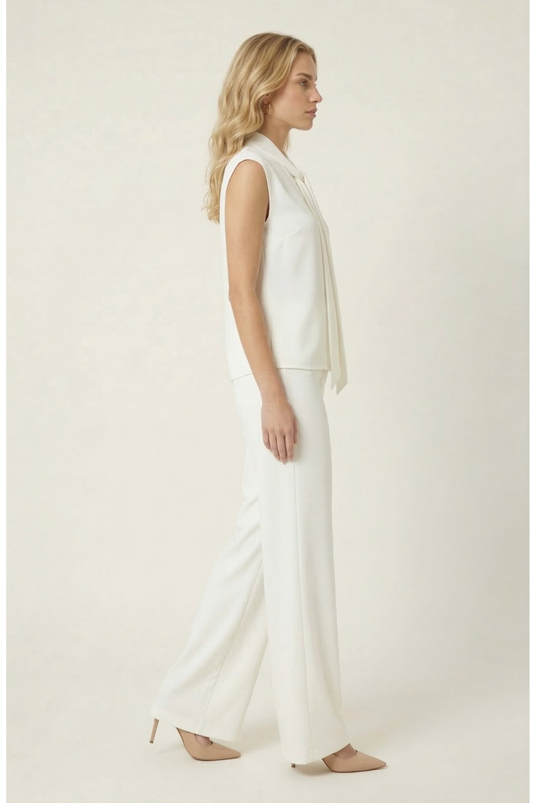 Sleeveless Tie Neck Blouse and Wide Leg Pant Set, Alternate, color, White