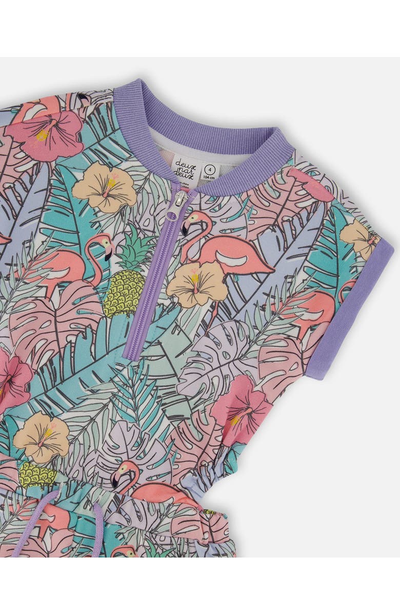 Deux par Deux Little Girl's Printed French Terry Romper Lilac Tropical And Pink Flamingos, Alternate, color, Lilac And Pink Flamingos