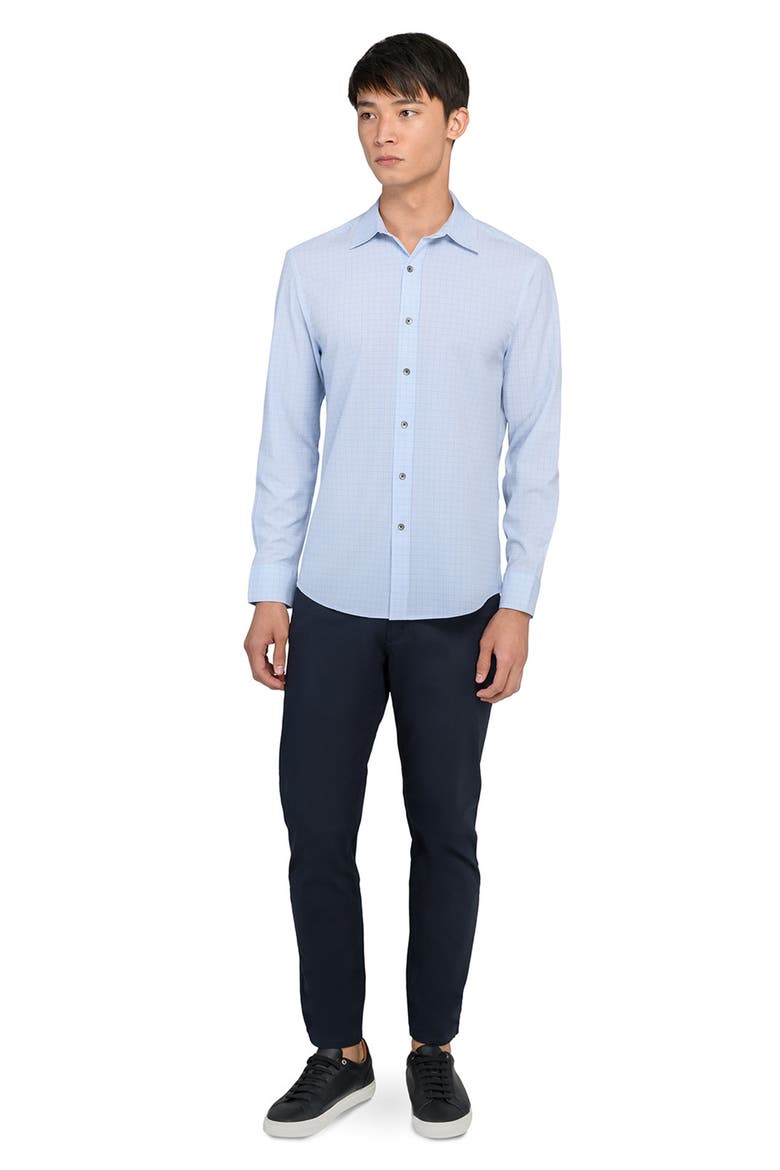 Slim Fit Light Blue Grid Check Performance Button-Up Shirt, Alternate, color, BLUE