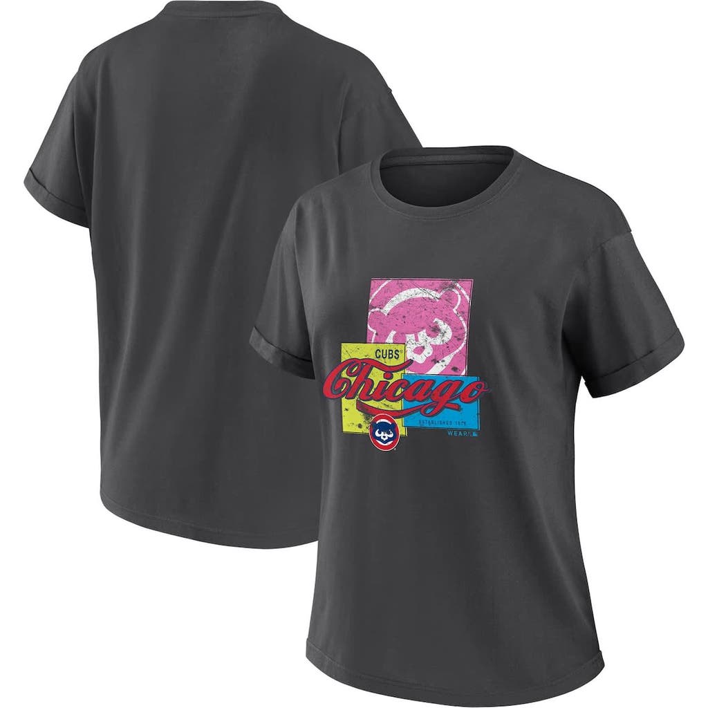 Wear By Erin Andrews Women's Charcoal Chicago Cubs Domestic Box Color Boyfriend T-shirt In Black