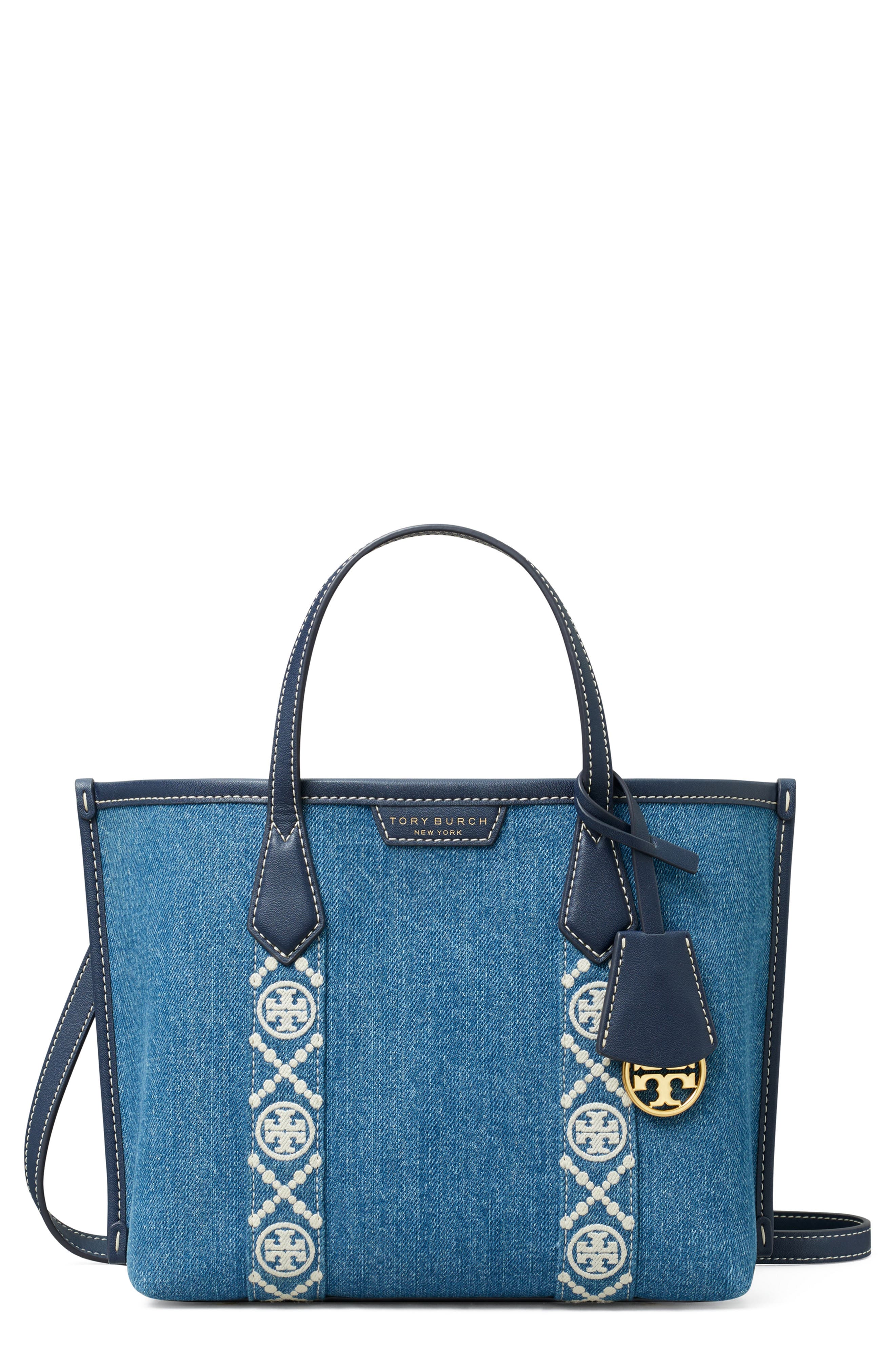 Tory Burch Perry Triple Compartment Denim Tote, Main, color, 