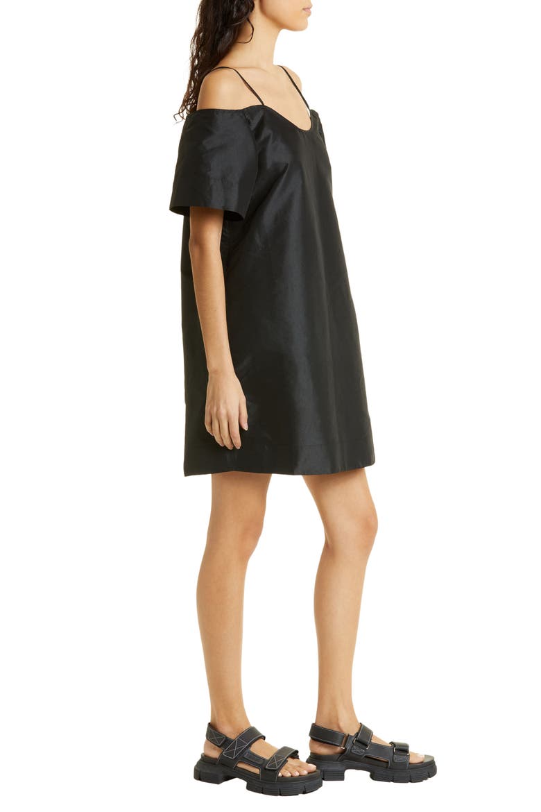 Cold Shoulder Taffeta Trapeze Dress, Alternate, color, BLACK