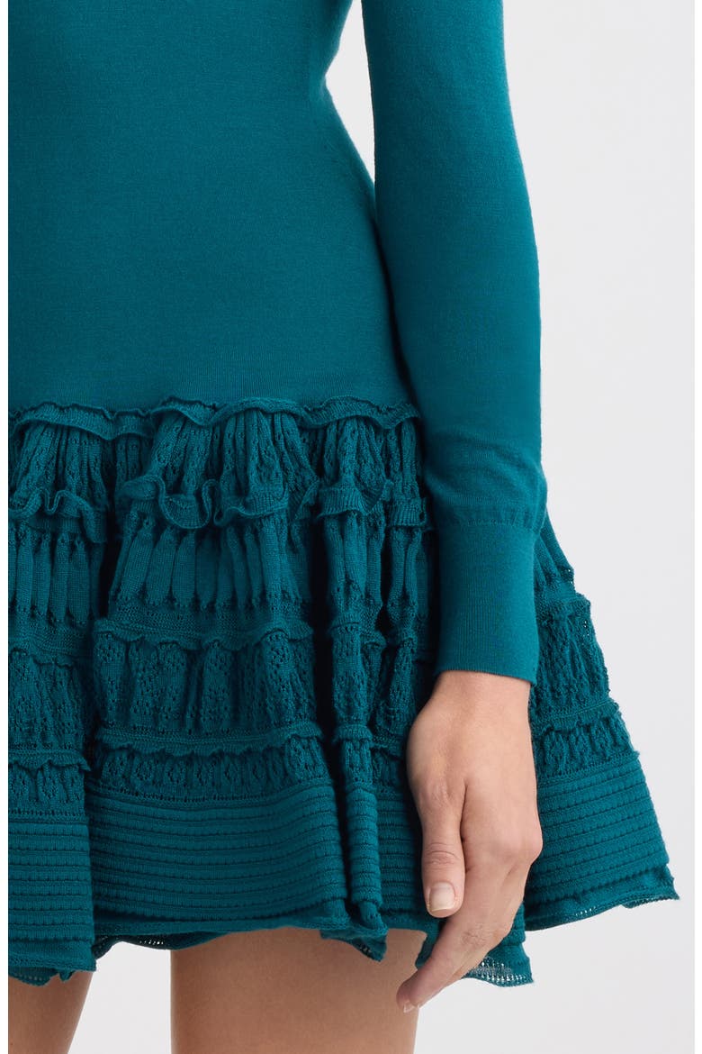 Long Sleeve Ruffle Drop Waist Wool Blend Minidress, Alternate, color, VERT PETROLE