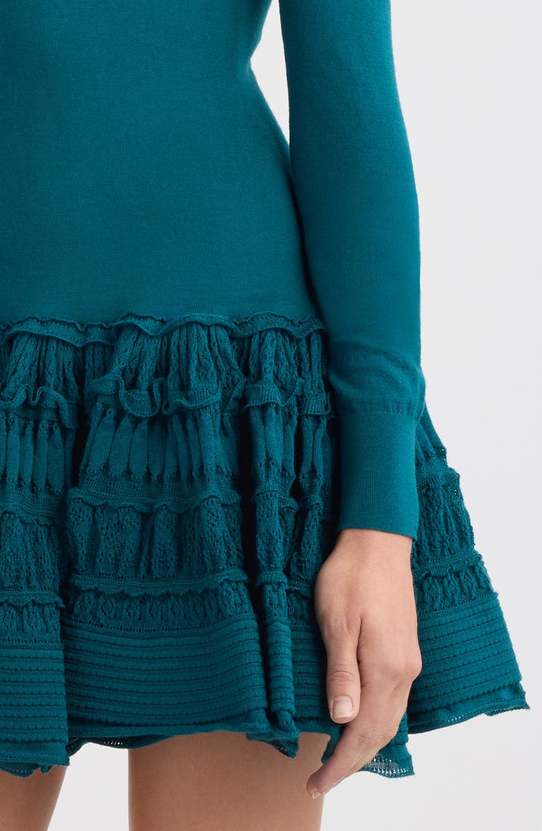 Alaïa Long Sleeve Ruffle Drop Waist Wool Blend Minidress, Alternate, color, Vert Petrole