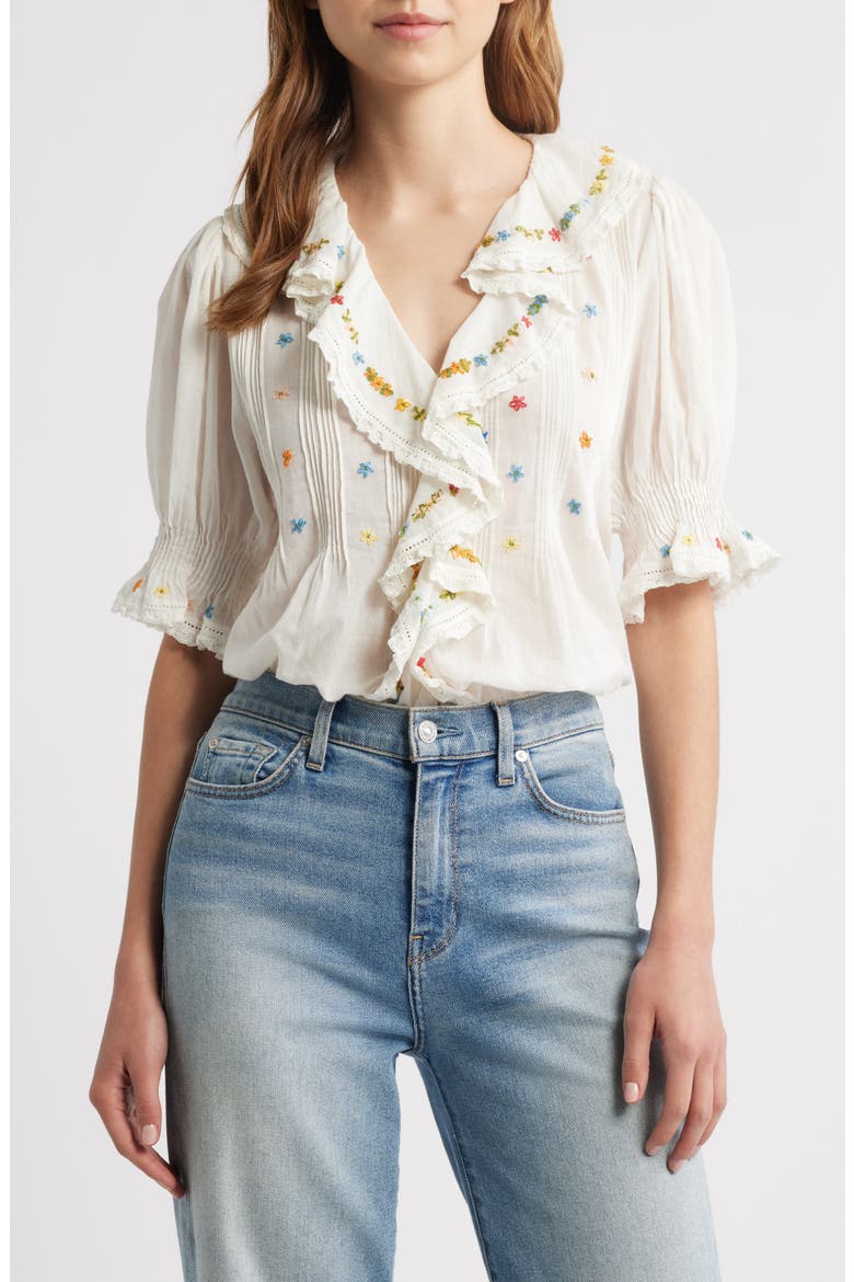 Hettie Embroidered Ruffle Organic Cotton Top, Main, color, SEA SALT MULTI