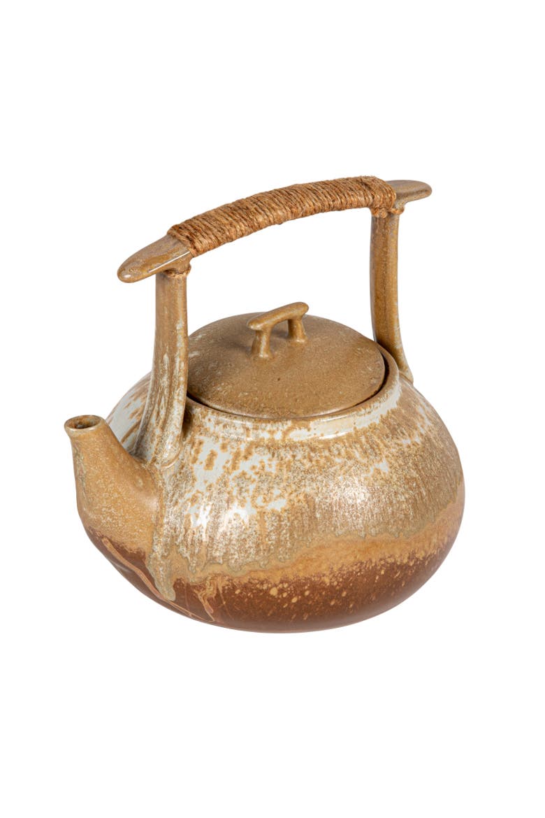 1.5-Quart Stoneware Teapot with Jute Wrapped Handle with Reactive Glaze, Green, Main, color, Tan