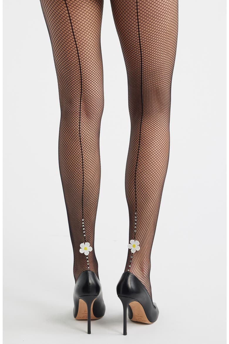 Daisy Crystal Fishnet Tights, Alternate, color, BLACK