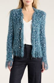 L'AGENCE Azure Knit Fringe Cardigan Blazer
