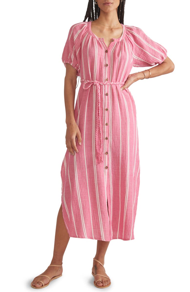 Marine Layer Stripe Belted Double Cloth Midi Shirtdress, Main, color,