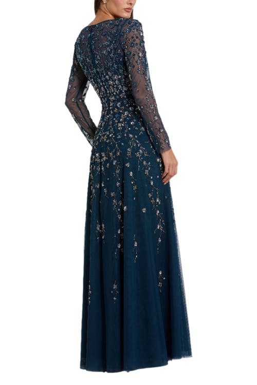 Mac Duggal Embellished Wrap Over Illusion Long Sleeve A Line Gown