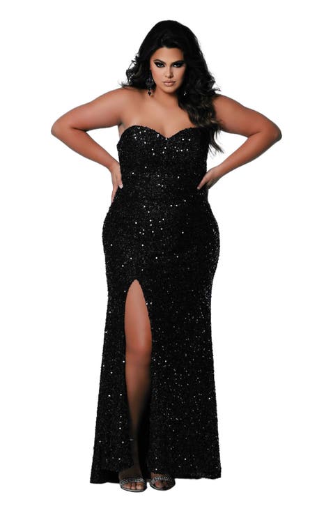 Strapless Sweetheart Neckline Sequin Plus Size Evening Gown