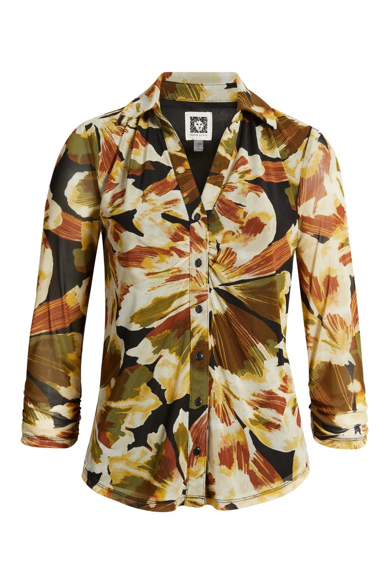 Tropical Print Ruched Mesh Button-Up Shirt, Alternate, color, ANNE BLACK MULTI