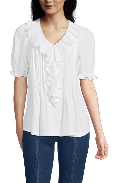 Puff Sleeve Slub Ruffle Pintuck Top