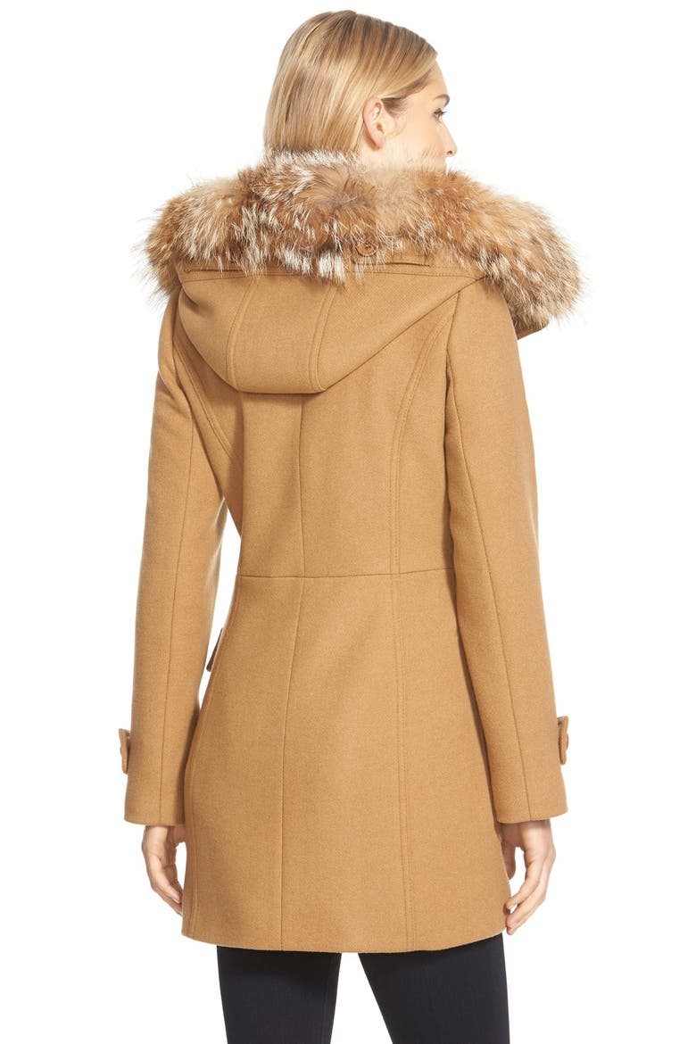Genuine Coyote Fur Trim Wool Blend Duffle Coat, Main, color, CAMEL
