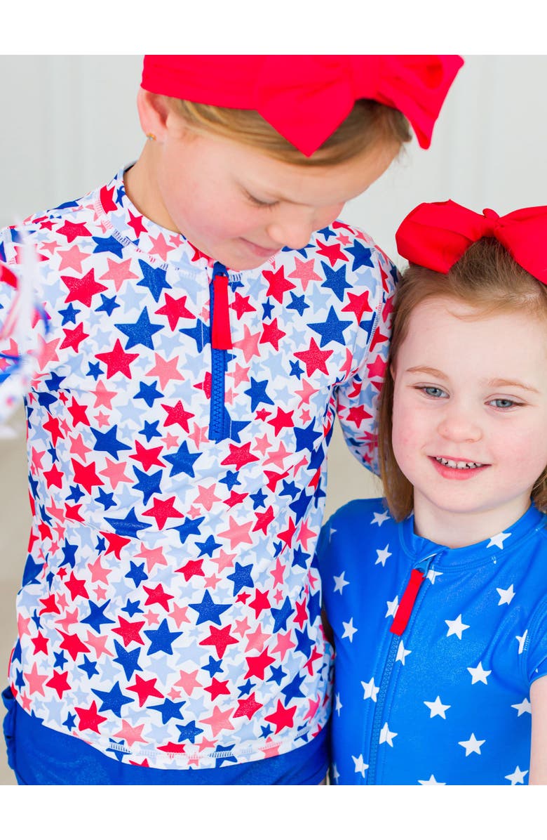 RuffleButts Girls UPF50+ Long Sleeve Zipper Rash Guard 2-Piece, Alternate, color, Shimmer Star-Spangled