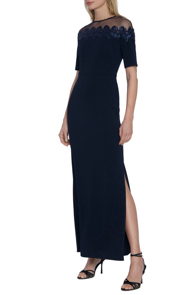 Maggy London Mesh Yoke Beaded Gown, Alternate, color, Twilight Navy