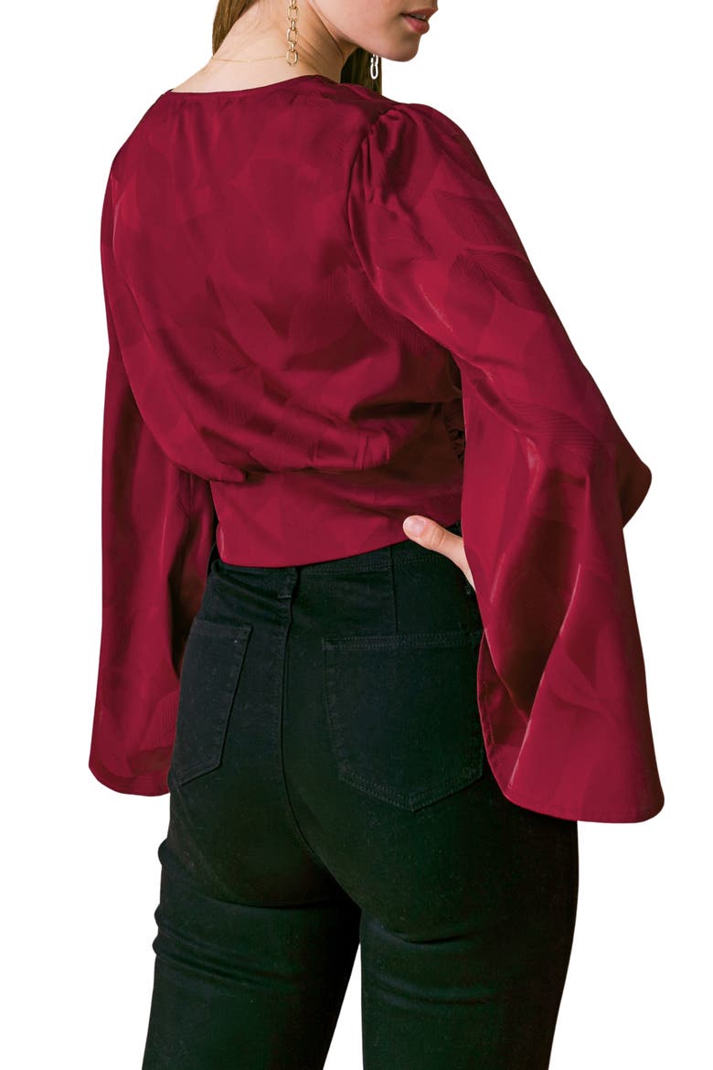 Front Tie Long Sleeve Satin Top, Alternate, color, BURGUNDY