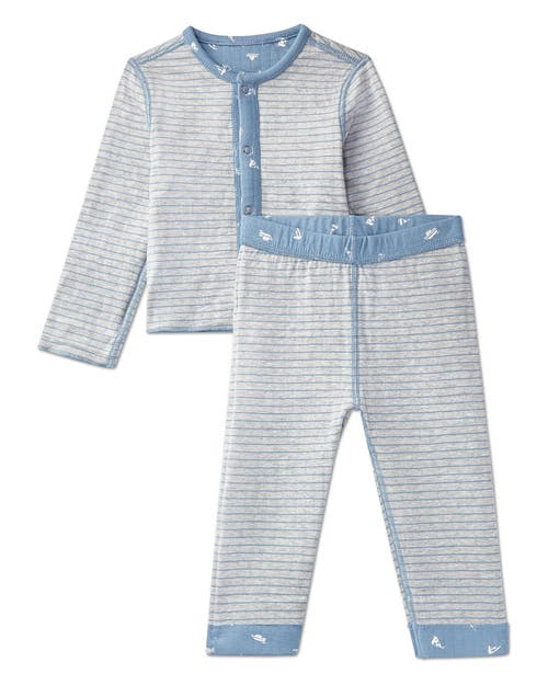 Minimoi 2 Piece Baby And Toddler Reversible 100% Cotton Pointelle Snap-up Top And Pants Set In Blue