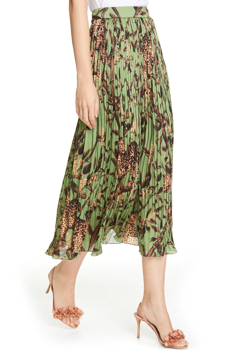Johanna Ortiz Jaguar Print Pleated Midi Skirt, Alternate, color,