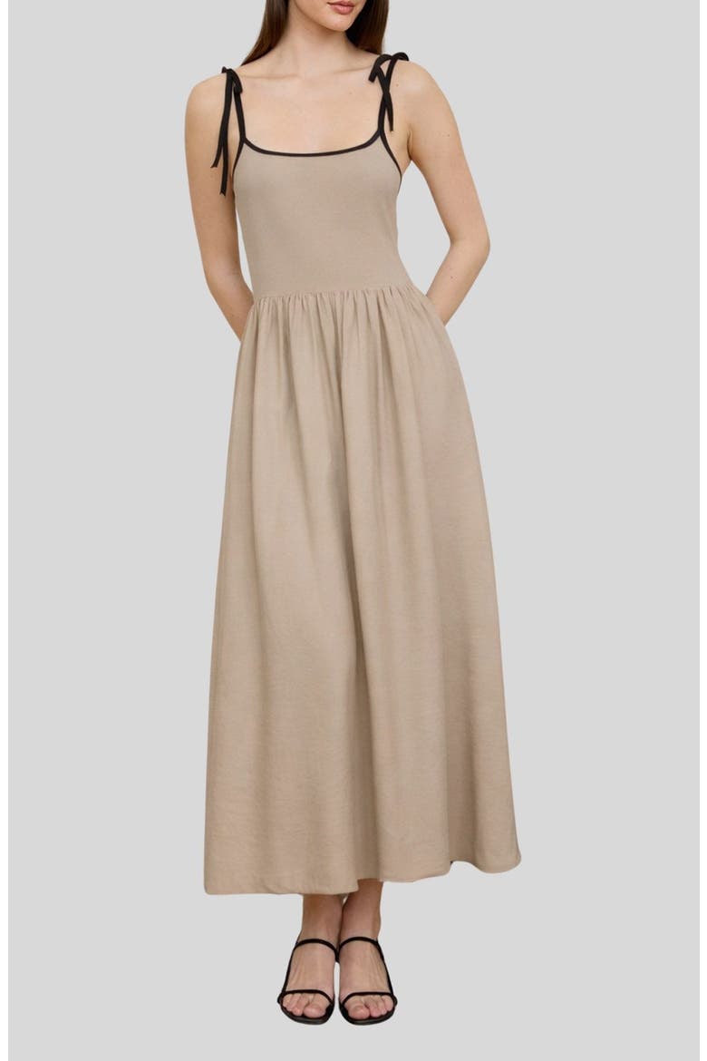 Contrast Bow Strap Midi Dress, Main, color, LIGHT KHAKI