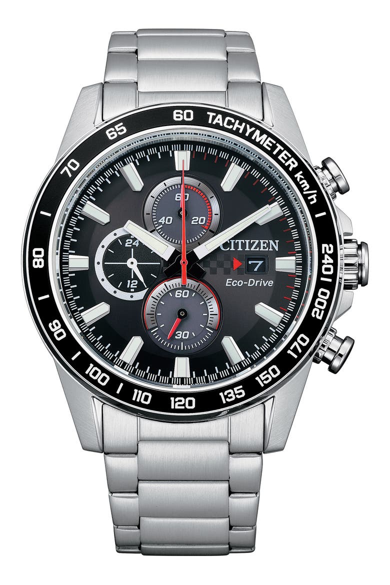 Eco Drive Chronograph Stainless Steel Bracelet Watch, 44mm, Main, color, SILVER
