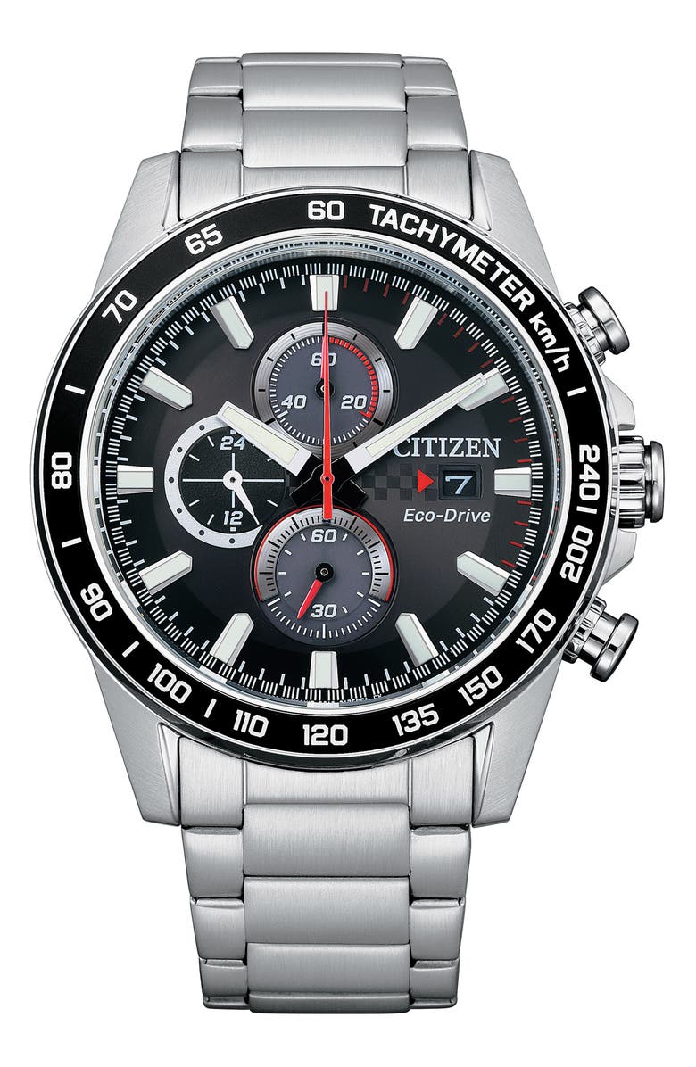 Citizen Eco Drive Chronograph Stainless Steel Bracelet Watch, 44mm, Main, color, Silver